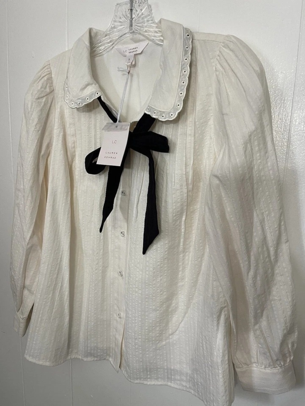 LC Lauren Conrad Ivory Button-Front Eyelet Collar Blouse with Black Bow - Picture 2 of 8